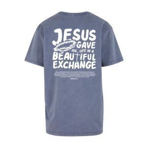 Jesus Gave His Life Oversized T-shirt Acid Wash (Blue/White)