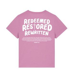 Redeemed, Restored, Rewritten Ladies T-shirt (Bubble Pink/White)