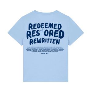 Redeemed, Restored, Rewritten Ladies T-shirt (Light Blue/Navy)