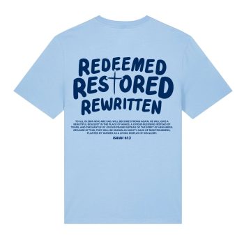 Redeemed, Restored, Rewritten T-shirt Light Blue_ Navy - Back